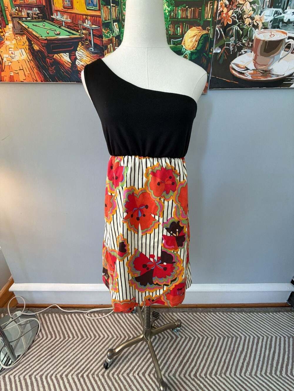 Judith March Black One-Shoulder Floral Stripe Dress Medium